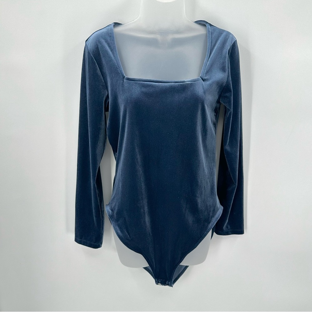 OLD NAVY Bodysuit Womens L Blue Squareneck Velvet Long Sleeve Whimsigoth READ